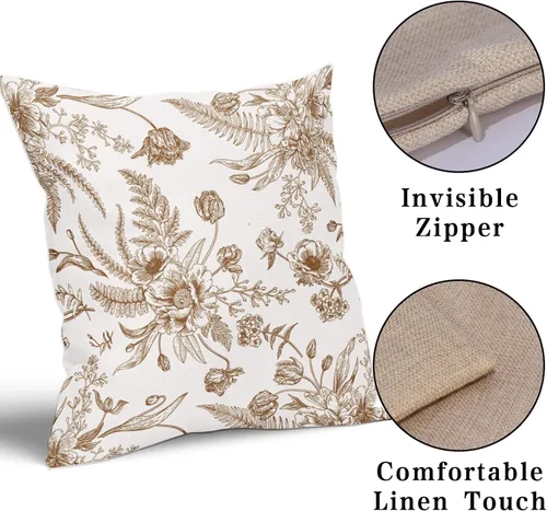 Vista 4 de Fundas de Almohada de Flores Marrones y Blancas Paquete de 2 de 18 x 18 Pulgadas Fundas de Cojín Vintage de Flores Marrones de Algodón y Lino