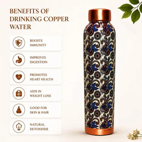 Vista 2 de Botella de agua de cobre de 34 onzas, botella de agua grande de cobre para beber, recipiente multicolor ayurvédico 100% puro para botella de tapa a