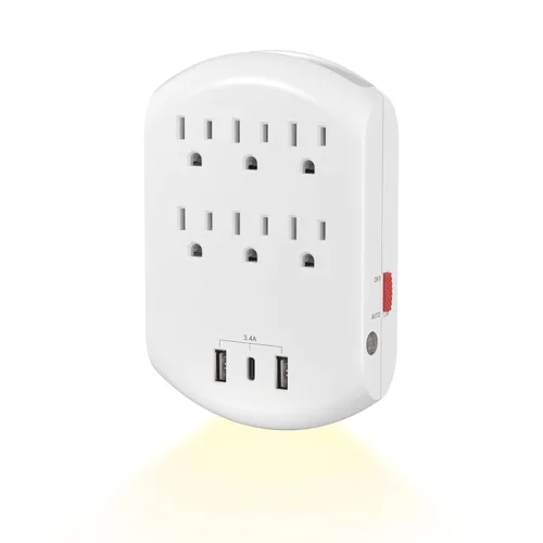 Vista 14 de BN-LINK Extensor de toma de corriente múltiple con 8 tomas, 3 puertos USB (1 USB C), protector de sobretensiones de 800 julios, divisor de enchufe