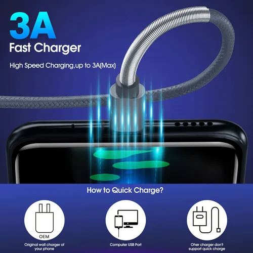Vista 3 de Paquete de 2 cables de carga de 3 pies (carga rápida de 3 A), cargador USB C tipo cable gris cielo para iPhone 15 Pro, Samsung A32/A12/A10e/A20