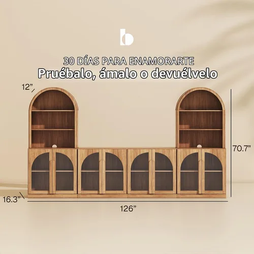 Vista 2 de BELLEZE Centro de entretenimiento modular de 4 piezas con almacenamiento, 2 vitrinas de madera moderna con gabinete arqueado y 2 armarios de puerta