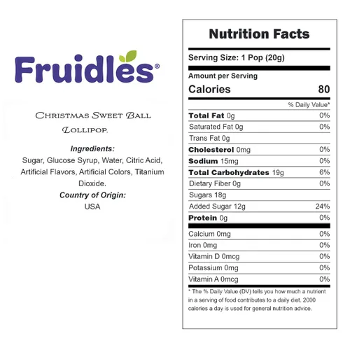 Vista 2 de Fruidles 12 paletas navideñas de bolas dulces, sabor a fruta mixta, fabricadas en Brasil, envueltas individualmente, 0.60 oz