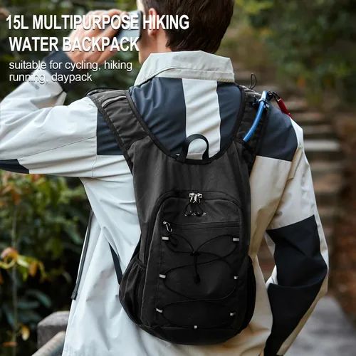 Vista 2 de BOVIP Mochila de hidratación ligera, mochila de senderismo multiusos de 15 litros con bolsa de agua de 1.5 L, mochila de agua hidráulica