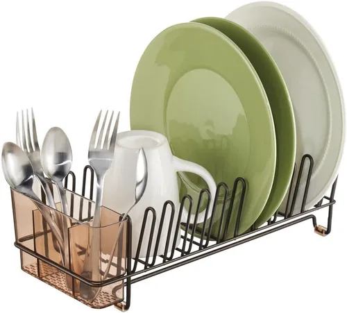 Vista 4 de mDesign Bandeja de platos – Práctico escurridor para fregadero – Gran escurridor – Hasta 12 platos y cubiertos – Bronce
