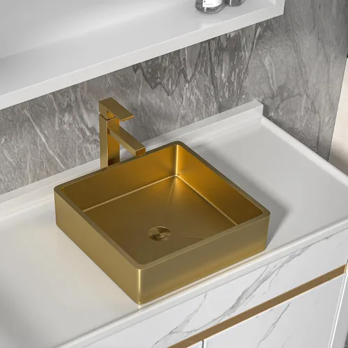 Vista 14 de Fregadero de recipiente blanco redondo - Fulorni 33x33 cm Lavabo de baño de cerámica de porcelana con borde dorado sobre encimera, fregadero