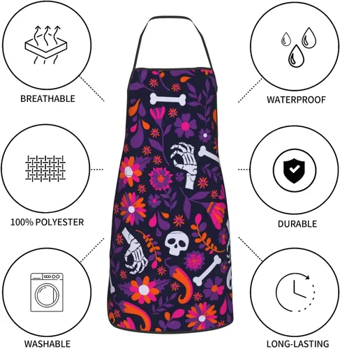 Vista 6 de Delantal de calavera de azúcar, delantales de cocina para hombres y mujeres, delantal de cocina, delantal de chef, delantales de jardín ajustables