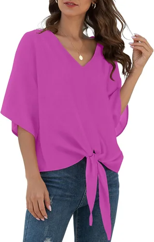 Vista 57 de VIISHOW Womens Tie Front Chiffon Blouses V Neck Batwing Short Sleeve Summer Tops Shirts Albaricoque