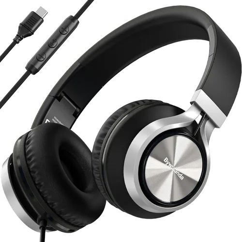 Vista 7 de Bywulanda - Auriculares con cable con micrófono y control de volumen, auriculares de diadema con cable, ligeros, plegables, con cable, estéreo