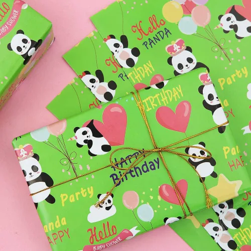 Vista 6 de Juego de 6 hojas de papel de regalo de panda de feliz cumpleaños, plegado plano de 20 x 28 pulgadas por hoja para niños, niñas, niños y mujeres