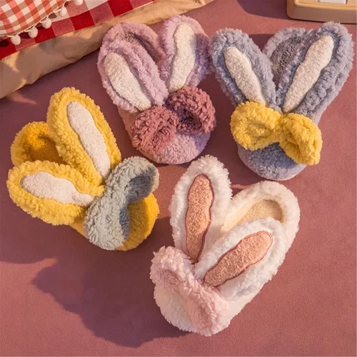 Vista 6 de Pantuflas de algodón de conejo de orejas largas para mujer, pantuflas de invierno para el hogar, pantuflas cálidas de felpa para el hogar, bonitas