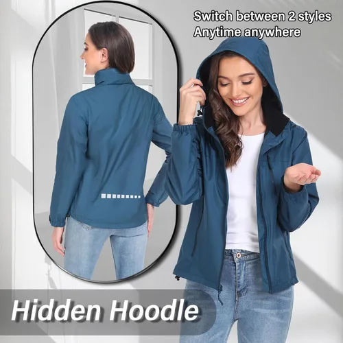 Vista 5 de Chaqueta impermeable plegable para mujer, ligera, impermeable, con capucha, cortavientos para viajes al aire libre, senderismo