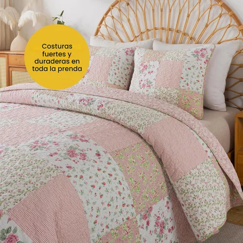 Vista 4 de Soul & Lane Blush Bloom - Juego de colcha de algodón, tamaño individual con 1 funda de almohada, colcha acolchada floral con diseño de parches