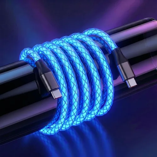 Vista 7 de Cable USB C a USB C, cable de carga rápida que se ilumina siempre encendido Azul
