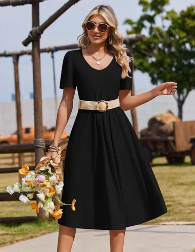 Vista 5 de Zeagoo Vestido de verano para mujer, casual, floral, midi, con bolsillos, cuello en V, plisado, manga corta, estilo alineado, para vacaciones