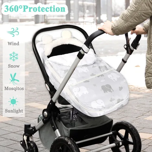 Vista 4 de Funda de asiento de coche para niños, funda acogedora y cálida de invierno, funda de asiento de coche para bebé con diseño de elefante, toldo