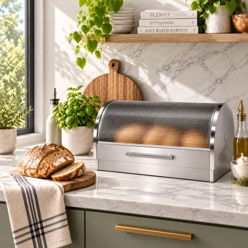 Vista 8 de Oggi Panera con tapa enrollable de acero inoxidable para encimera de cocina con tapa de vidrio templado - Se adapta a múltiples hogazas grandes