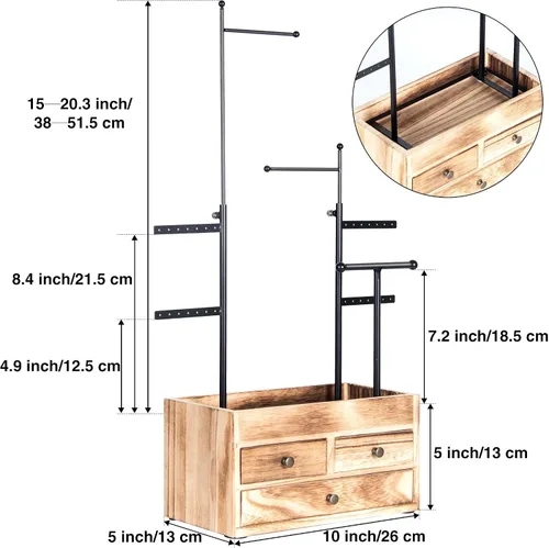 Vista 4 de Lavievert Torre organizadora de joyas con cajón de madera de doble capa caja de almacenamiento de 7 niveles soporte para joyas para collares