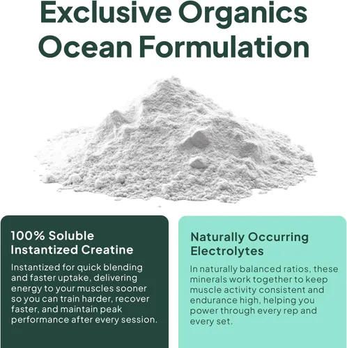 Vista 5 de Organics Ocean Krealyte Fusion - Monohidrato de creatina instantánea en polvo con electrolitos - Fuerza muscular, resistencia e hidratación