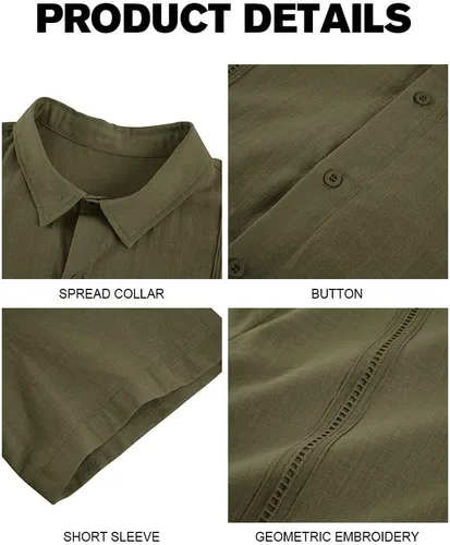 Vista 3 de Ryannology Guayabera - Camisas de lino de manga corta con botones para hombre, estilo casual, playa, campamento cubano, camisa mexicana para hombre