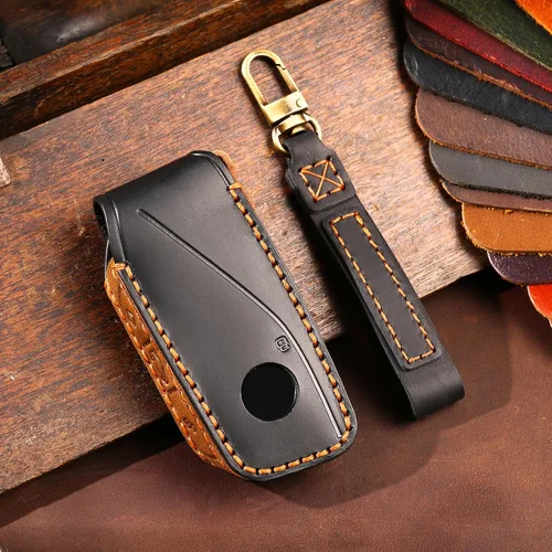Vista 3 de OLLEN Funda para llavero de cuero genuino, compatible con BMW 2023~arriba Nueva Serie 5/7 740i 760i X1 X2 X3 X5 X6 X7 XM IX IX3 I5 I7, etc.