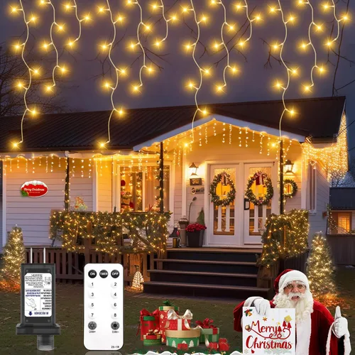 Vista 9 de luces LED de Navidad al aire libre, luces de escalera de 4.6 pies, luz colgante para árbol de Navidad enchufable, impermeable con 8 modos de luz