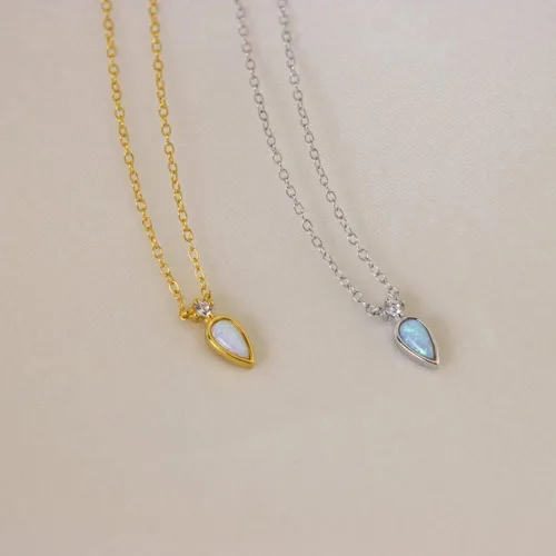 Vista 6 de Moonffay Collar de ópalo creado chapado en oro de 18 quilates para mujer, delicado collar de ópalo de lágrima azul, Chapado en oro, Ópalo sintético
