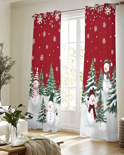 Vista 8 de Cortinas traslúcidas de muñeco de nieve de Navidad de 84 pulgadas de largo, juego de 2 paneles de cortinas para cocina, dormitorio, sala de estar