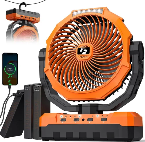 Vista 9 de Ventilador de camping 3 en 1 - Ventilador recargable con batería desmontable y gancho con luz para tienda de campaña, al aire libre - Ventilador
