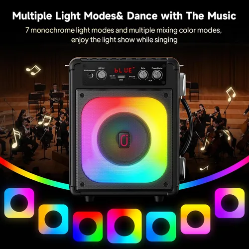 Vista 8 de HWWR Máquina de karaoke, altavoz Bluetooth portátil con 2 micrófonos inalámbricos para adultos y niños, máquina de cantar para fiestas y reuniones