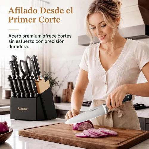 Vista 2 de Astercook Juego de cuchillos de cocina de espiga completa con bloque y Negro