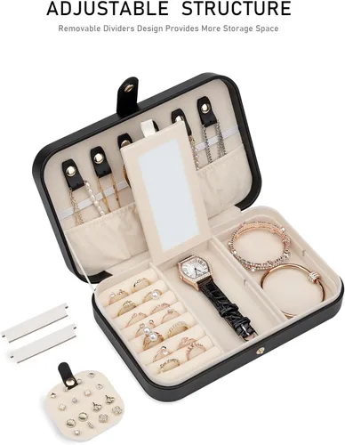 Vista 4 de Joyero pequeño, joyero de viaje portátil para mujer, mini organizador de viaje de 2 capas, regalo para mujeres y niñas, negro A