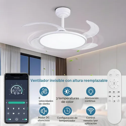 Vista 5 de AHAWILL Ventilador de techo retráctil con luces y control remoto, 42'' Fandelier ventilador de techo con espectro completo regulable, ajuste
