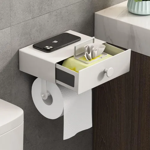 Vista 13 de VOLDRA Soporte de papel higiénico con estante negro dispensador de toallitas para baño Soporte de papel higiénico con cajón de diseño