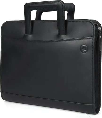 Vista 3 de Cartera de negocios de cuero genuino con cremallera Organizador fácil de transportar con soporte para bloc de escritura, tarjetas de visita