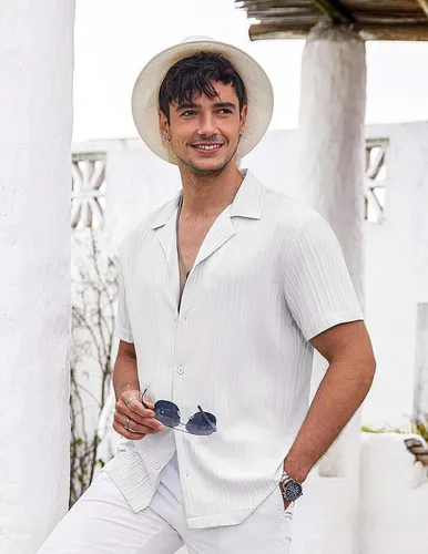 Vista 3 de COOFANDY Camisas casuales de manga corta con botones para hombre, camisa de playa con textura de moda para verano