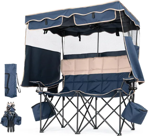 Vista 11 de ABORON Silla de camping con toldo, silla de playa plegable con sombra, silla portátil para exteriores con portavasos y bolsa refrigeradora