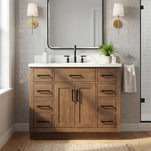 Vista 12 de DKB Isabella - Mueble de baño negro de 42 pulgadas con fregadero, lavabo rectangular, encimera de cuarzo blanco puro y protector contra salpicaduras