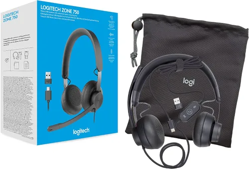 Vista 7 de Logitech Zone 750 Auriculares con cable para la oreja con micrófono avanzado de cancelación de ruido, USB-C simple y adaptador USB-A incluido