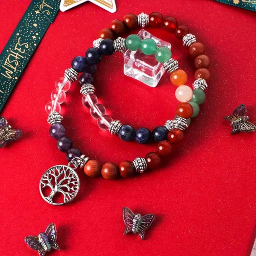 Vista 3 de Eigso Pulsera elástica de piedra de cristal de meditación curativa de 7 chakras para mujer con símbolo de loto, yoga, árbol, OM