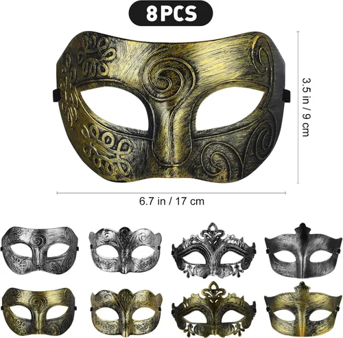 Vista 2 de INOOMP Máscara de Halloween para hombre, 8 unidades, máscara facial de luchador para fiesta de baile, Halloween, máscara vintage griega romana
