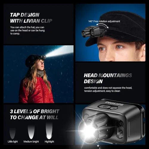 Vista 3 de PHILIPS SFL3183RH - Linterna frontal LED recargable, luz de flash impermeable para exteriores, accesorios de campamento, 6 modos para senderismo