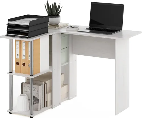 Vista 11 de Furinno Escritorio clásico, escritorio para juegos en forma de L de 40 pulgadas de ancho, escritorio para computadora, escritorio con estantes