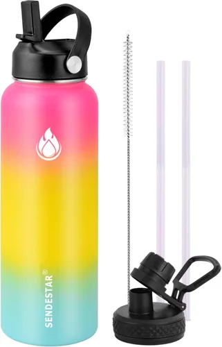 Vista 70 de SENDESTAR Botella de agua aislada de 24 onzas, boca ancha, botella de agua de 24 onzas con tapa con popote, tapa de boquilla, acero inoxidable
