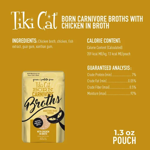 Vista 4 de Tiki Cat Born Carnivore Broths - Comida húmeda para gatos, pollo, bolsa de 1.3 onzas (12 unidades)