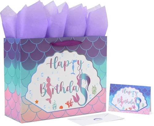 Vista 7 de Qirrmiy Juego de bolsas de regalo de cumpleaños de sirena extra grande de 16.5 pulgadas con asas, tarjeta de felicitación, papeles de seda morados
