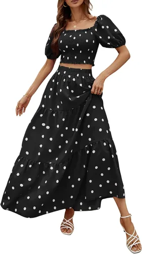 Vista 3 de Rooscier Conjunto de 2 piezas para mujer con blusa corta fruncida y falda larga para playa