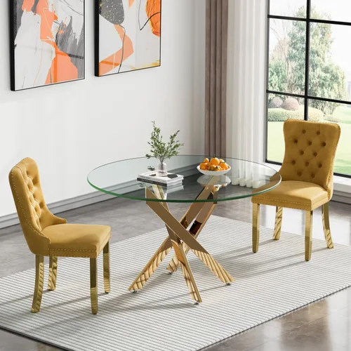 Vista 55 de Juego de mesa de comedor SSLine moderno de 3 piezas con mesa redonda de vidrio para 2, lujosa mesa de comedor circular de 36" con tapa de vidrio