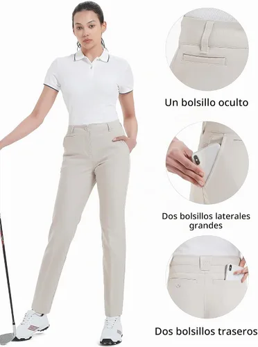 Vista 5 de [Usado] Pantalones de golf para mujer, elásticos, rectos, ligeros, transpirables, de sarga, pantalones chinos para trabajo Beige