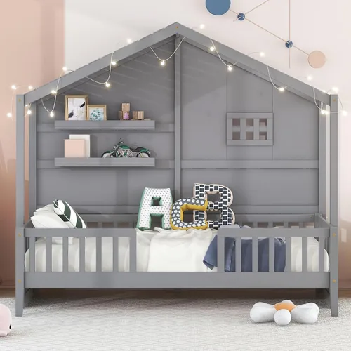 Vista 15 de RUNNA Marco de cama de madera de tamaño matrimonial con valla, para niños, adolescentes, niñas, niños, (Natural-Thinck 4col)