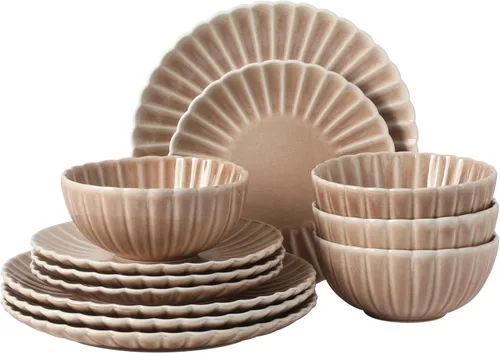 Vista 33 de Gibson Elite Peach Orchard - Juego de vajilla de porcelana de hueso de 12 piezas para 4, platos y cuencos estriados en relieve, apto